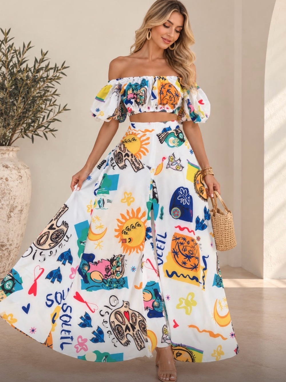 Trendy colorful set! Off the shoulder top with the maxi skirt!
